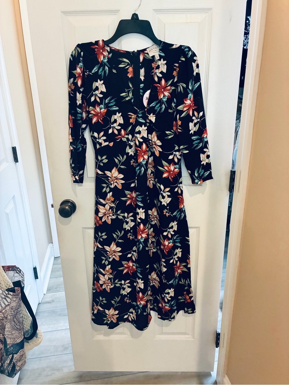 Hayden Black Midi Dress with Red & Cream Floral Print